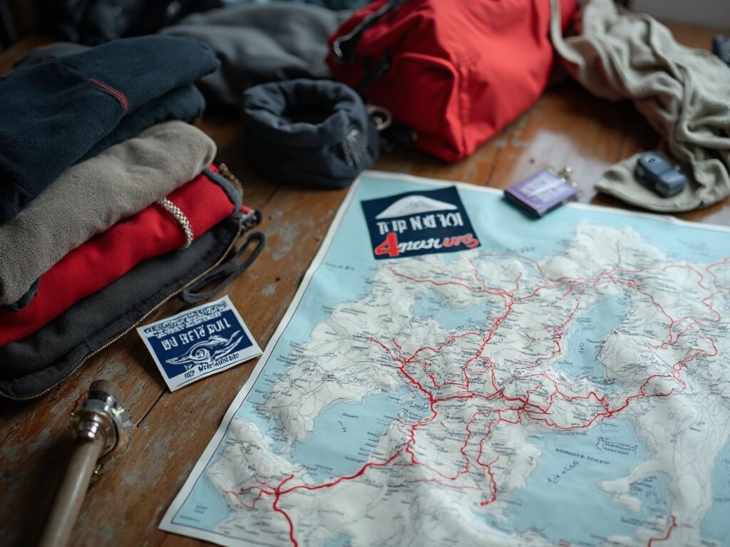 Mountain climbing gear including wool layers, emergency bivy sack, compass, and headlamp laid out on a weathered table at Pinkham Notch Visitor Center with 'This Car Climbed Mt. Washington' sticker and a Presidential Range topographical map displaying marked trails.