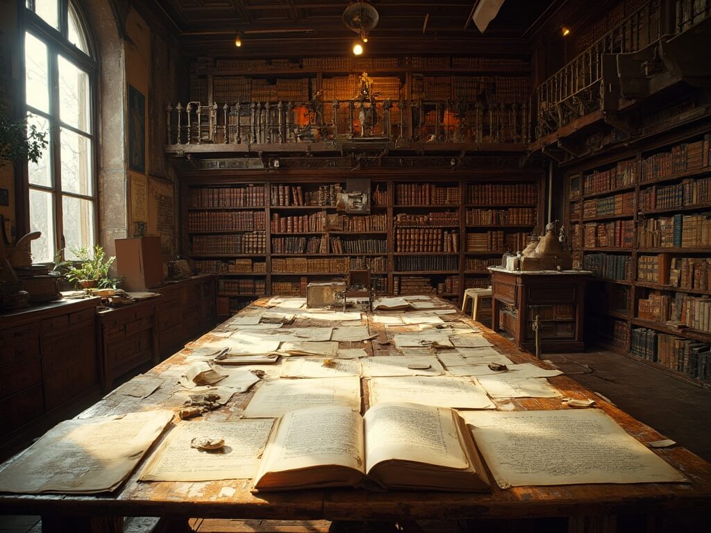 A museum research library filled with vast bookshelves, a large research table with open materials, under natural light from tall windows, with card catalogs and preservation equipment in the background.