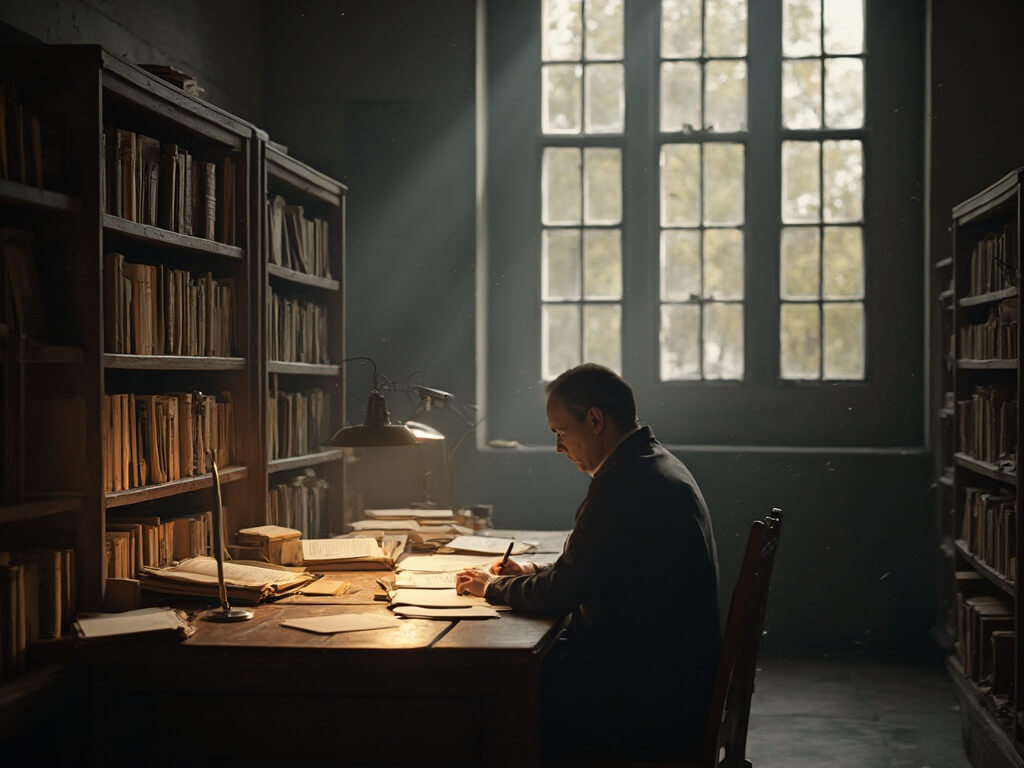 Researcher studying documents in museum's atmospheric library with archival shelves of periodicals and books, under soft lamps near vintage filing cabinets, amidst floating dust particles in natural light.