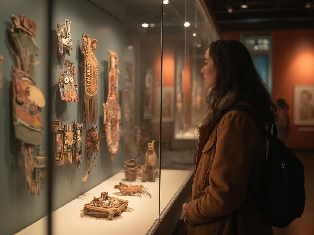 Museum visitor studying Native American beadwork and artifacts under warm spotlight in heritage gallery, their reflection on the glass case, with blurred background of other exhibits