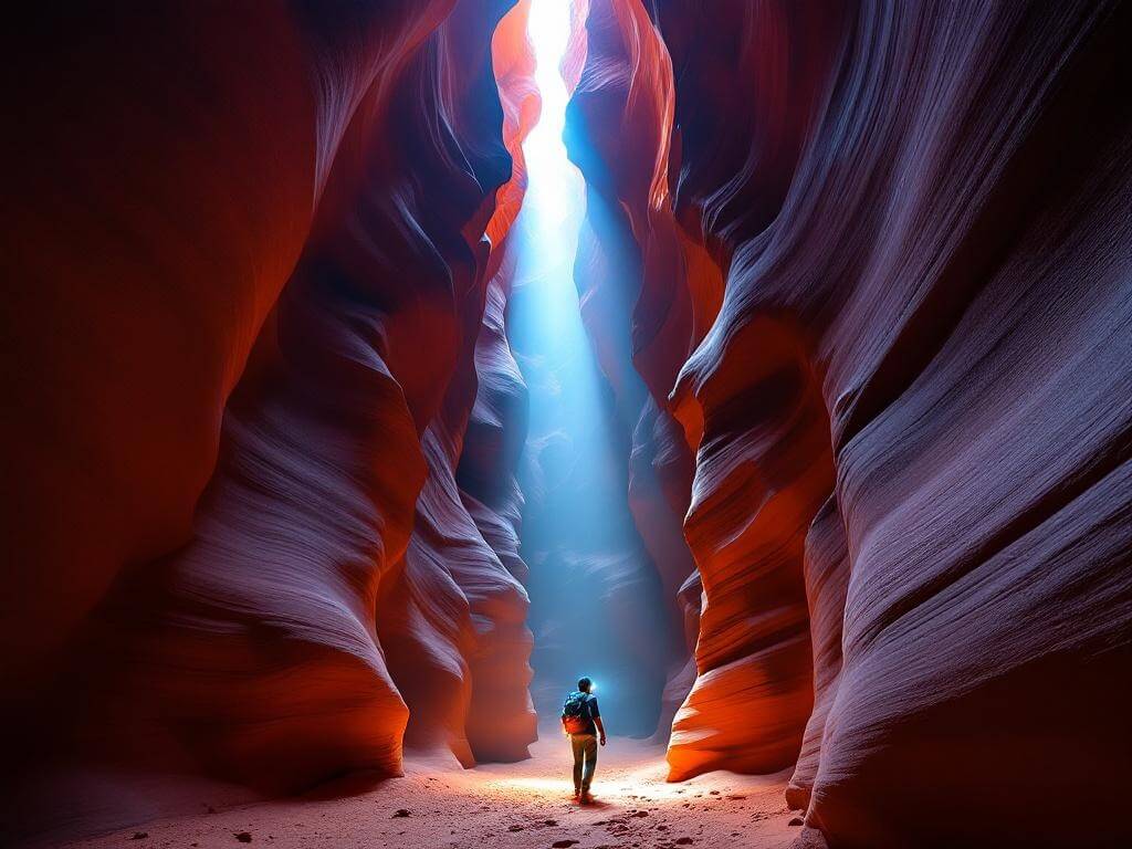 Hiker with headlamp navigating through a narrow slot canyon with high sandstone walls, a beam of light piercing from above, and layered geological strata visible in the walls.