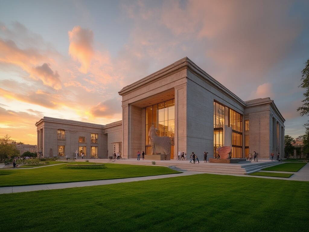Nelson-Atkins Museum of Art's neoclassical and modern architecture at sunset, with visitors and sculptures in the foreground