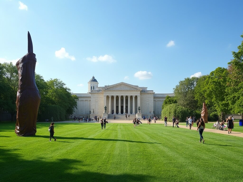 Visitors strolling in the Nelson-Atkins Museum sculpture park, large-scale contemporary sculptures on green lawns, neoclassical museum in the background, under a clear blue sky