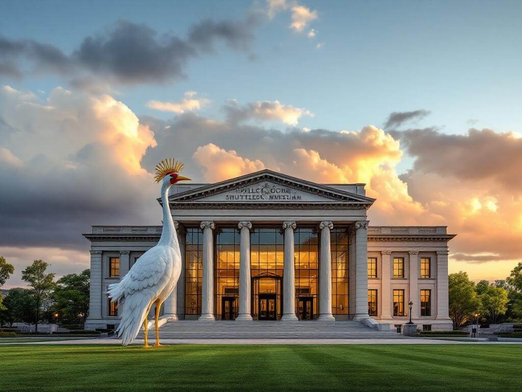 "Neoclassical museum with modern glass extensions and giant shuttlecock sculptures on manicured lawn at golden hour in Kansas City"