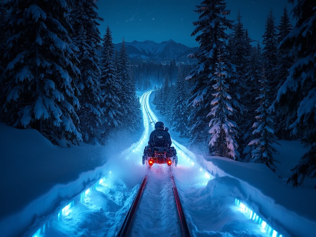 Rider descending on illuminated alpine coaster track through a snowy pine forest at night in Park City, with LED lights creating a glowing pathway, snowflakes in the air and stars visible in the clear mountain sky