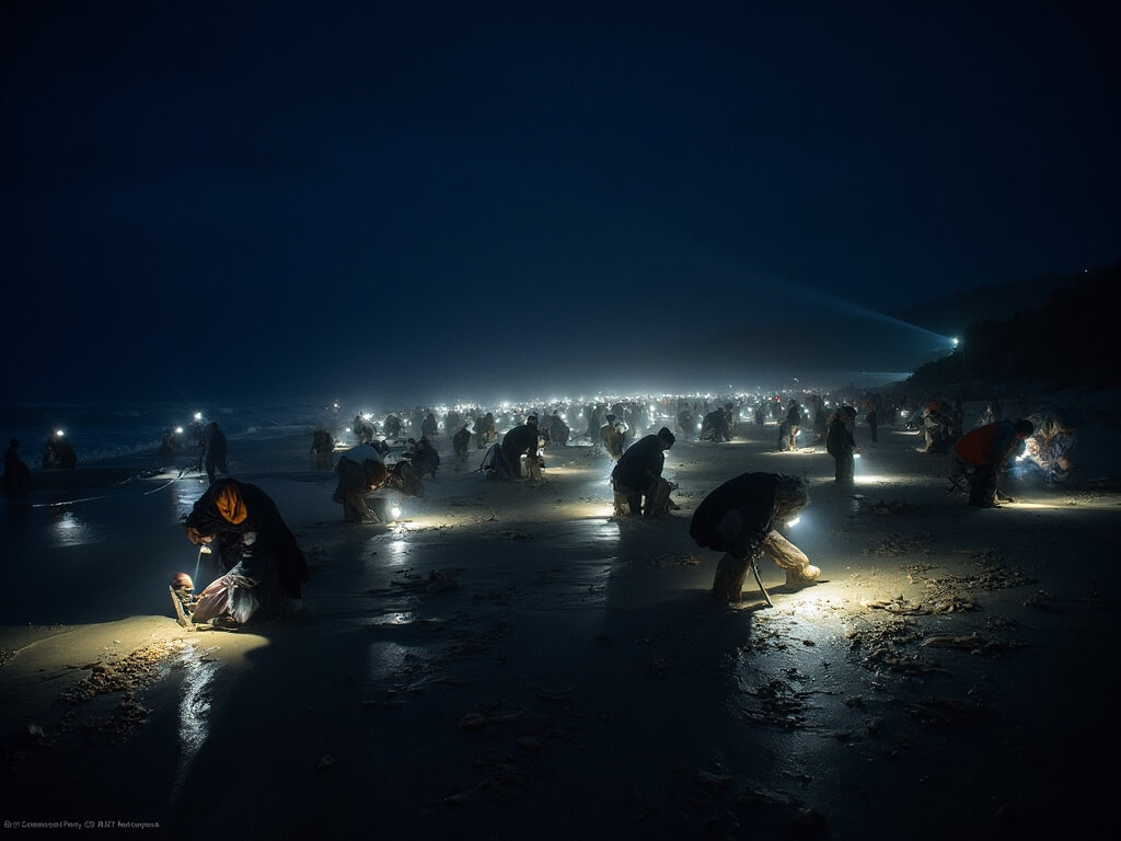 Clam diggers on Long Beach Peninsula at low tide during night, their LED headlamps scattered like stars on the wet sand, with some digging and some walking, with distant waves in dark background.