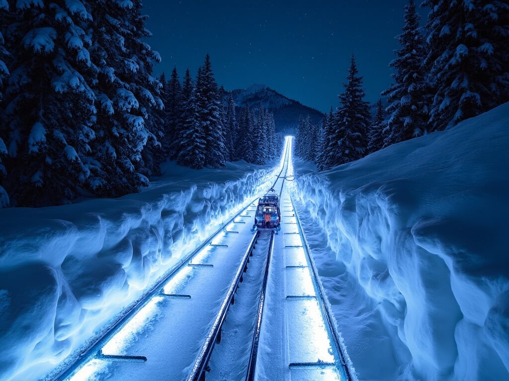 Sled descending on illuminated Park City Mountain Coaster track through snow-covered forest under clear starry sky