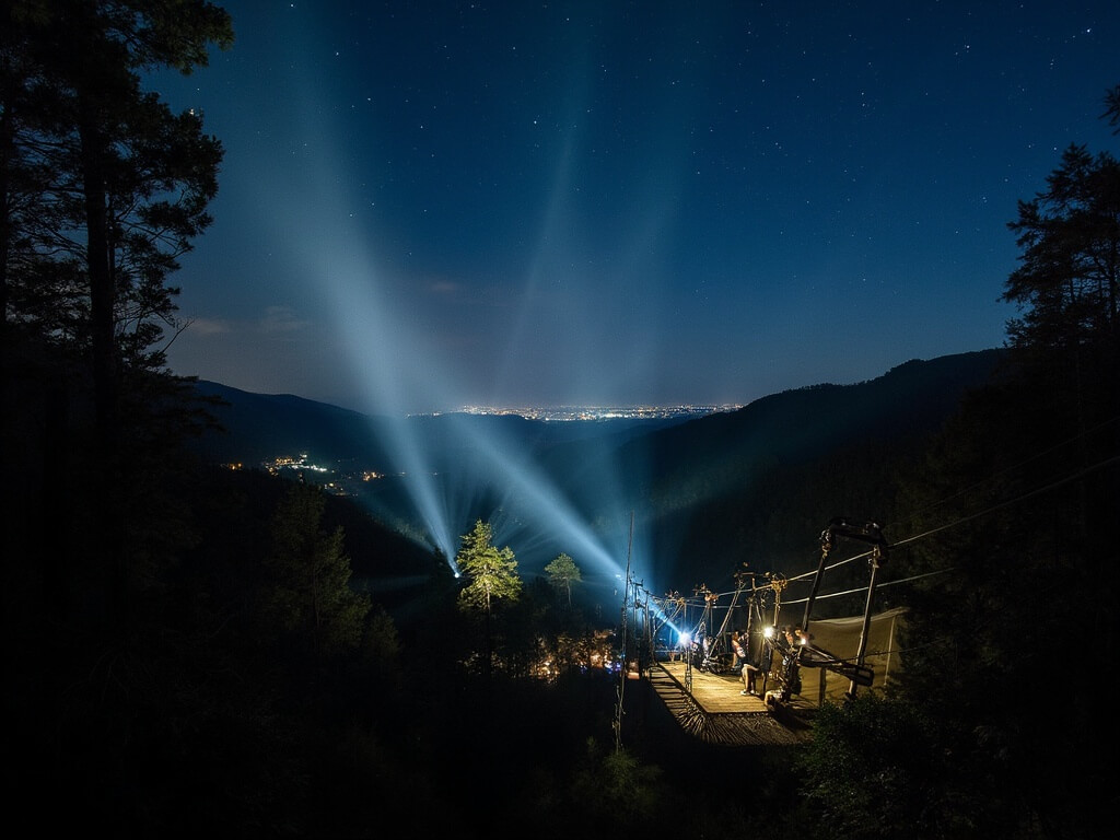 Participants traversing a bridge at night with headlamps during Sky Valley Zip Tours, with stars visible through the forest canopy and distant town lights on the horizon.