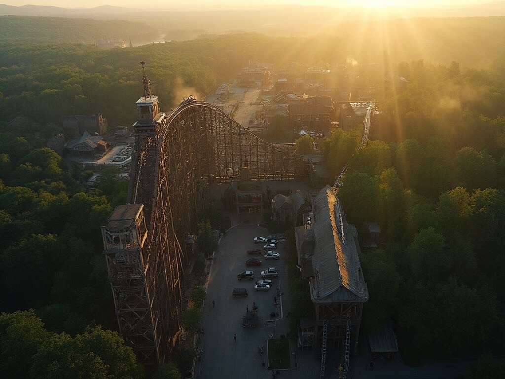 Sunrise aerial view of Silver Dollar City with Outlaw Run rollercoaster winding through the forest, first train ascending, and nearly empty parking lot