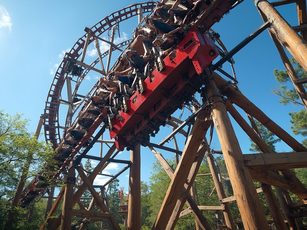 Riders enjoying exhilarating 720-degree barrel roll on Outlaw Run wooden roller coaster, suspended upside-down against bright blue sky, with intricate wooden beams and Ozark forest canopy in the background.