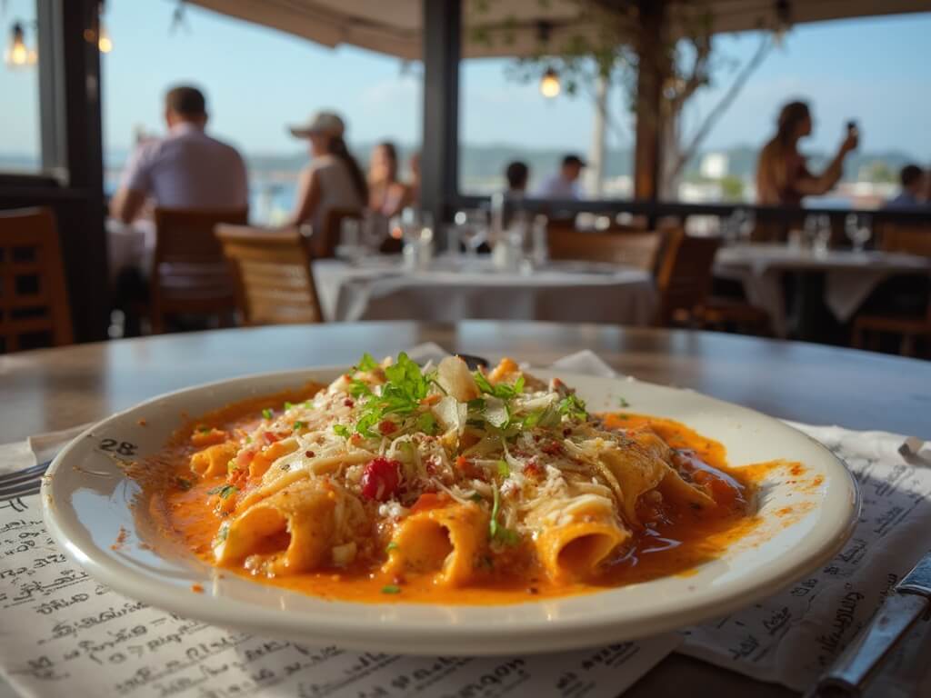 Overpriced plate of mediocre enchiladas in a riverside restaurant, with a check displaying $28 and blurred tourists in the background.