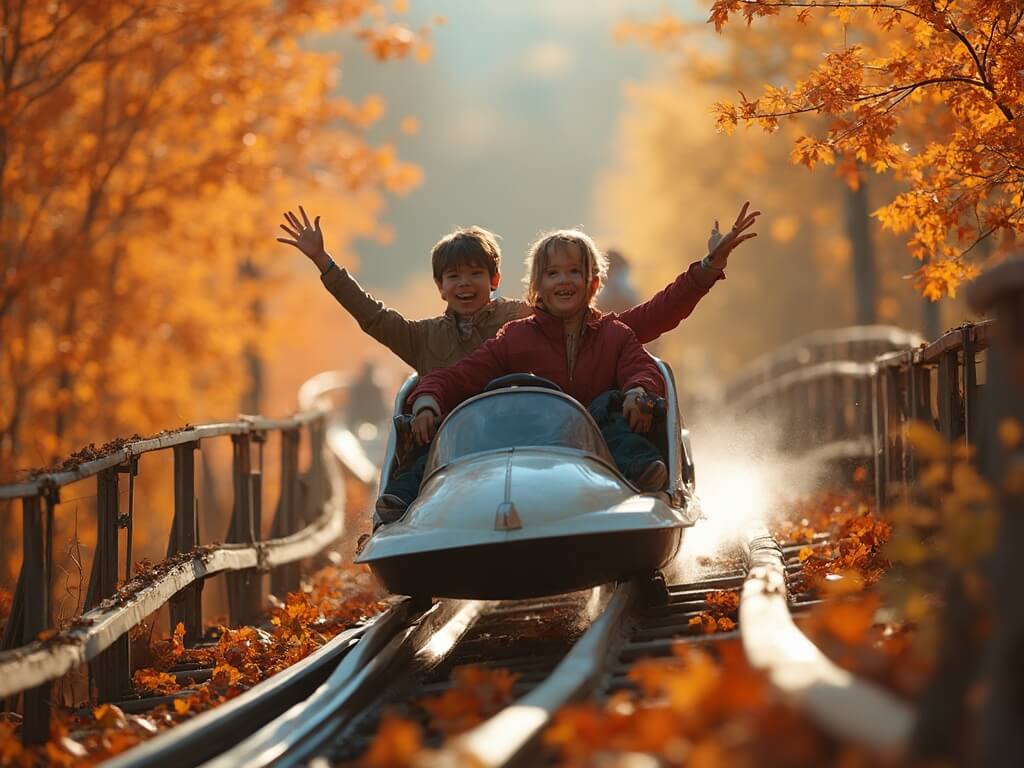 Parent and child riding a tandem sled on the Park City alpine coaster during autumn, surrounded by vibrant fall foliage, with motion blur indicating speed