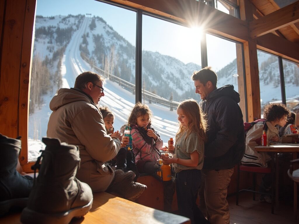 Family applying sunscreen at Park City Mountain Resort lodge, hiking gear on bench, and alpine coaster track up the mountain visible in sunlit background