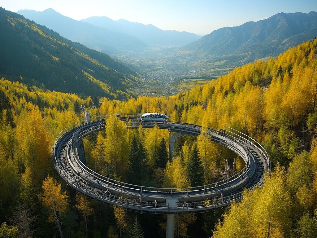 Aerial view of Park City Mountain Coaster curving through dense aspen forest with Wasatch Mountains in the background