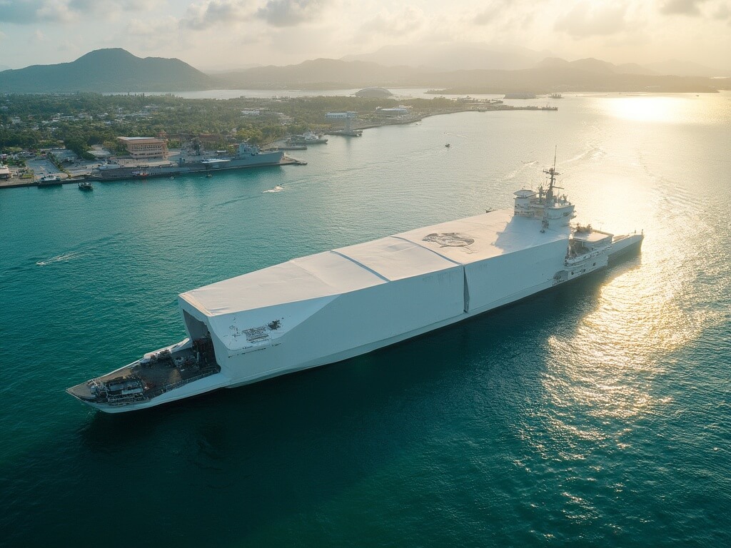 Aerial view of the USS Arizona Memorial at Pearl Harbor with rainbow oil slick, ferry boats, Ford Island, and USS Missouri in background during golden hour