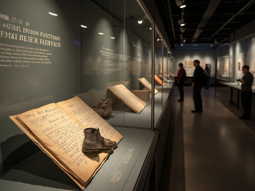 Interior view of Pearl Harbor Visitor Center museum exhibit with artifacts from December 7, 1941, including a sailor's shoe, personal letters, and a radioman's diary, under soft lighting, visitors reading in background.