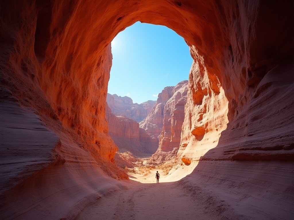 Hiker standing beneath the natural arch of Peek-a-Boo Canyon with orange and burgundy rock walls against a bright blue October sky