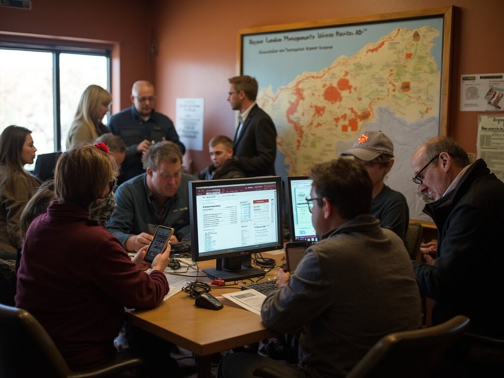 Anxious hikers in Bureau of Land Management visitor center in Kanab, Utah, crowded around a computer displaying Recreation.gov lottery results, checking phones, with permit applications on tables, and a map of Coyote Buttes North illustrating restricted areas and visitor limits.