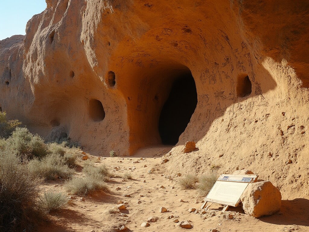Documentary-style photo of ancient Modoc rock art at Petroglyph Point, with detailed carvings highlighted by afternoon light and framed by desert vegetation, interpretive signage providing historical context in the background.