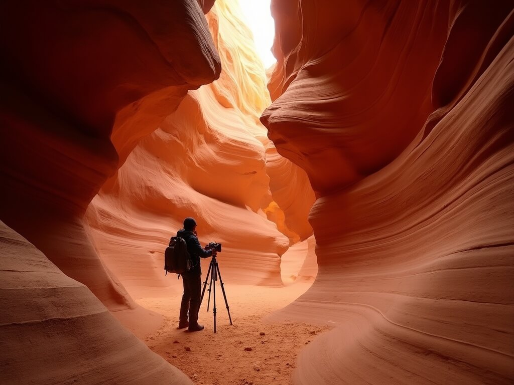 Photographer's silhouette against the large sandstone formations of The Wave during golden hour with camera equipment, showing the immense scale of the natural amphitheater and its red and orange striations during morning light.