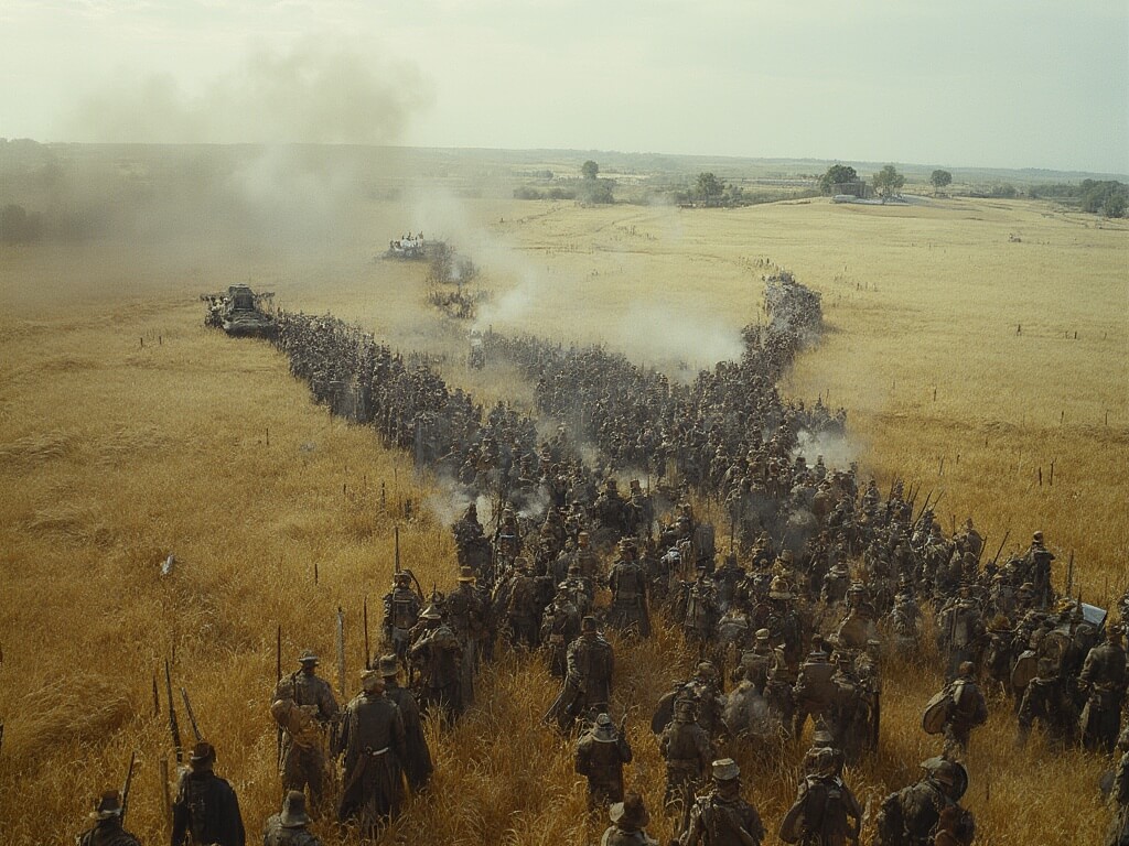 Aerial view of Pickett's Charge, with Confederate soldiers advancing across farmland towards Cemetery Ridge, disrupted by Union artillery, amidst trampled wheat fields and wooden fences, with Union soldiers preparing in the distance.
