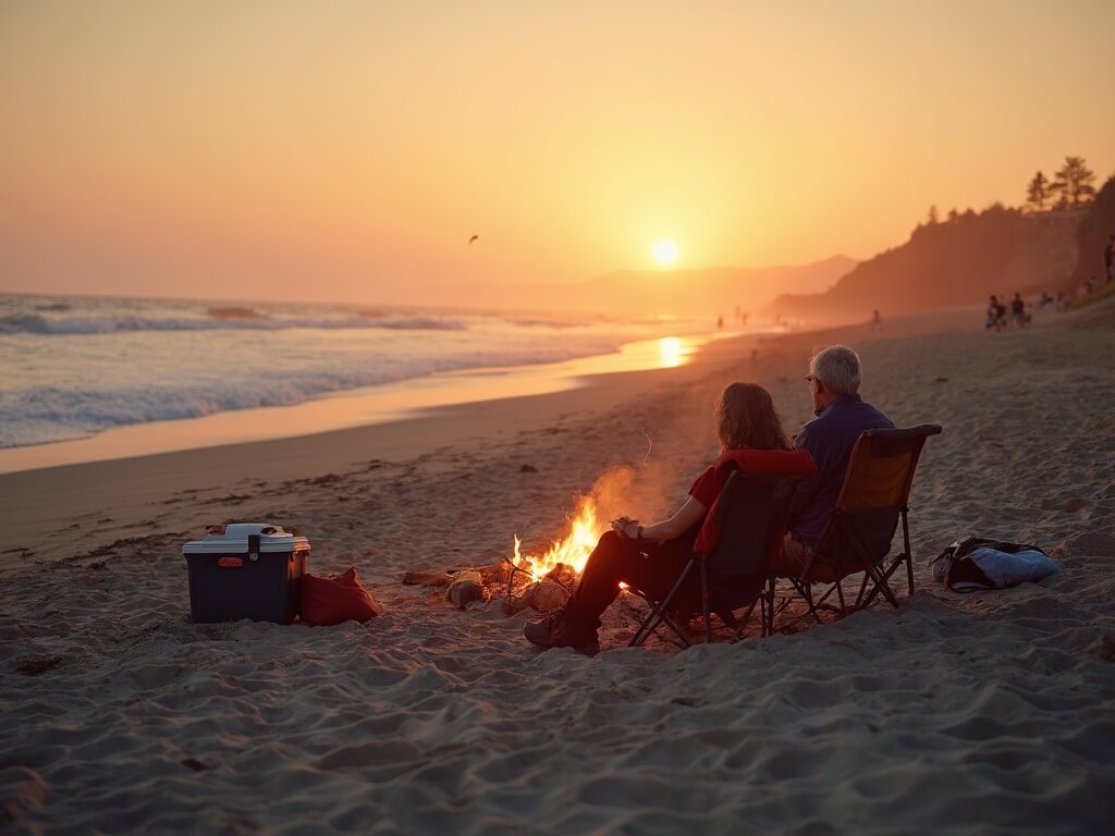 Couple enjoying a tranquil bonfire at Race Point Beach during golden hour, few distant groups on the 3-mile shoreline, sunset casting an warm orange light with visible cooler and firewood depicting an off-season peaceful atmosphere.