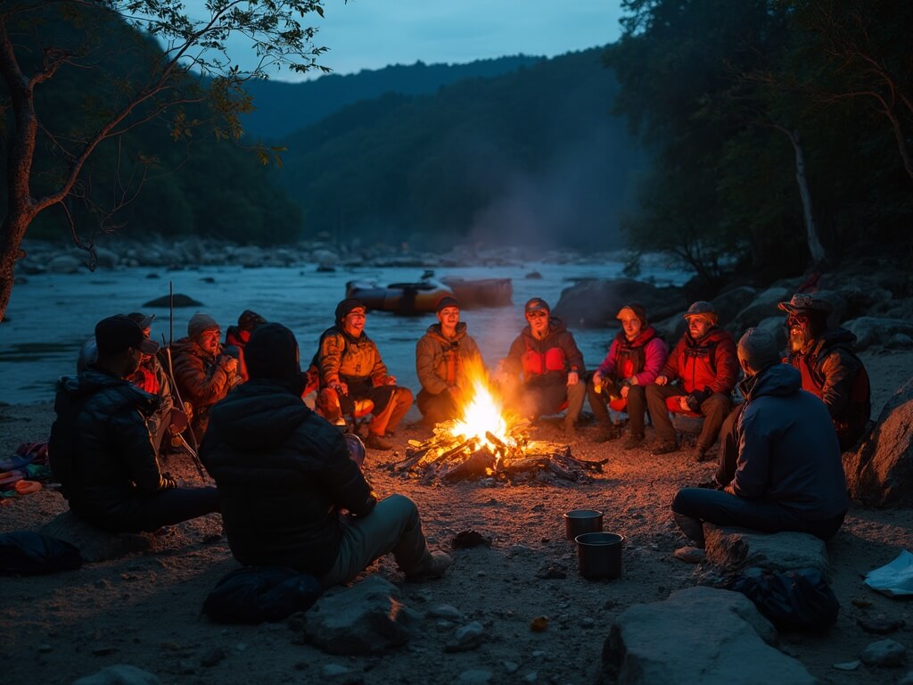 Diverse group of rafters around a campfire at dusk on a multi-day expedition in West Virginia, preparing meal and sharing stories, with wet gear drying on lines, rafts and paddles on sandy beach, under star-filled sky.