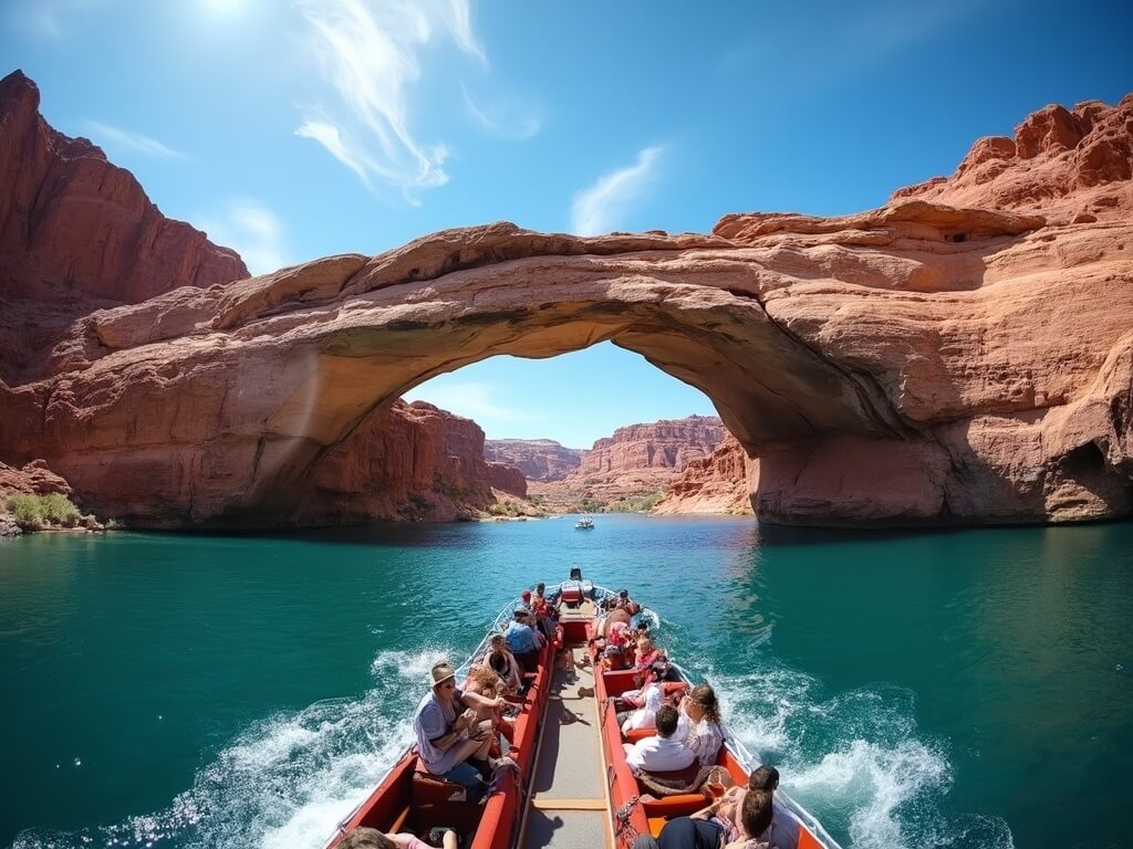 Tourists on a boat deck approaching the massive Rainbow Bridge National Monument with its reflection on the pristine blue water, surrounded by Navajo rock formations under a clear Arizona sky