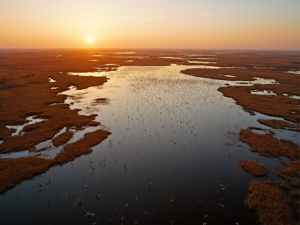 Aerial view of Rainwater Basin wetlands and adjacent cornfields during fall migration, showing scattered groups of 5,000 cranes, ducks, geese, and shorebirds in the wetland pools, captured during golden hour.