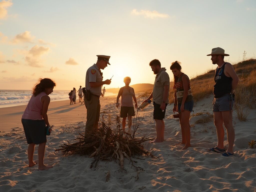 Park ranger confronting tourists with unpermitted fire materials at Race Point Beach, Provincetown, during golden hour, with visible frustration on visitors' faces, Atlantic Ocean and sandy dunes in the backdrop.