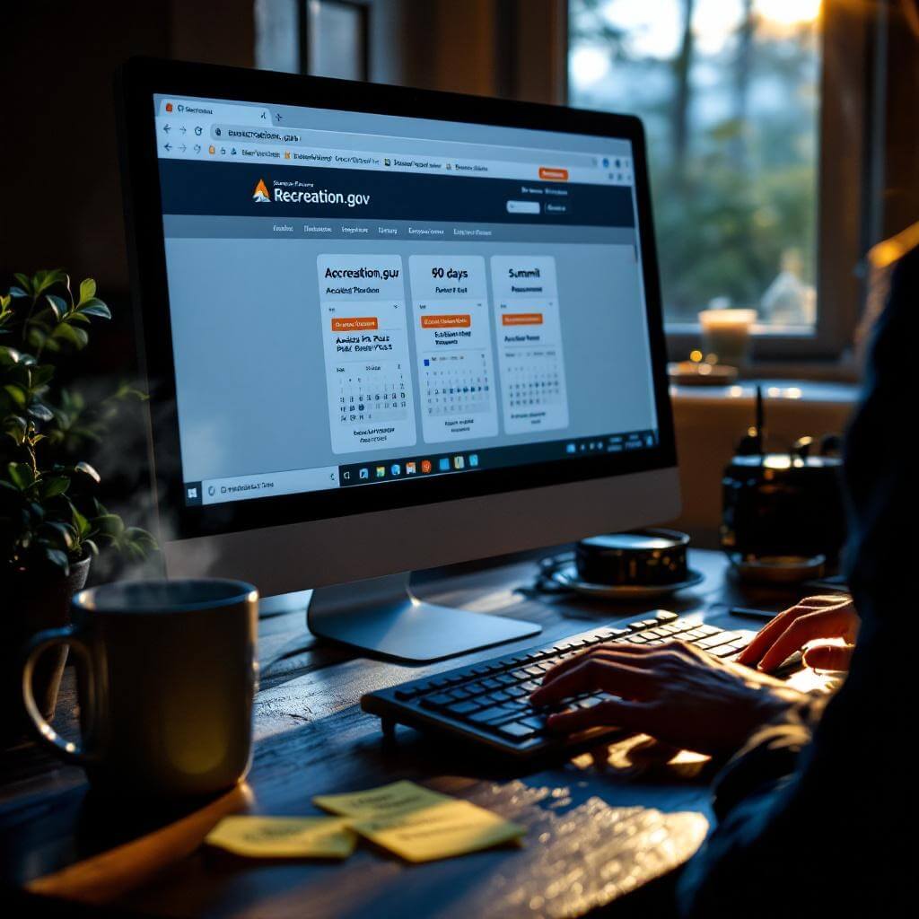 Dramatic pre-dawn scene at a desk with Recreation.gov website on the monitor, 90-day calendar alerts visible, coffee decanter steaming next to keyboard, sticky notes for 'Acadia Park Pass' and 'Summit Reservation', hands poised to click keyboard, 10:00 AM Eastern Time showing on a clock against the blue morning light.