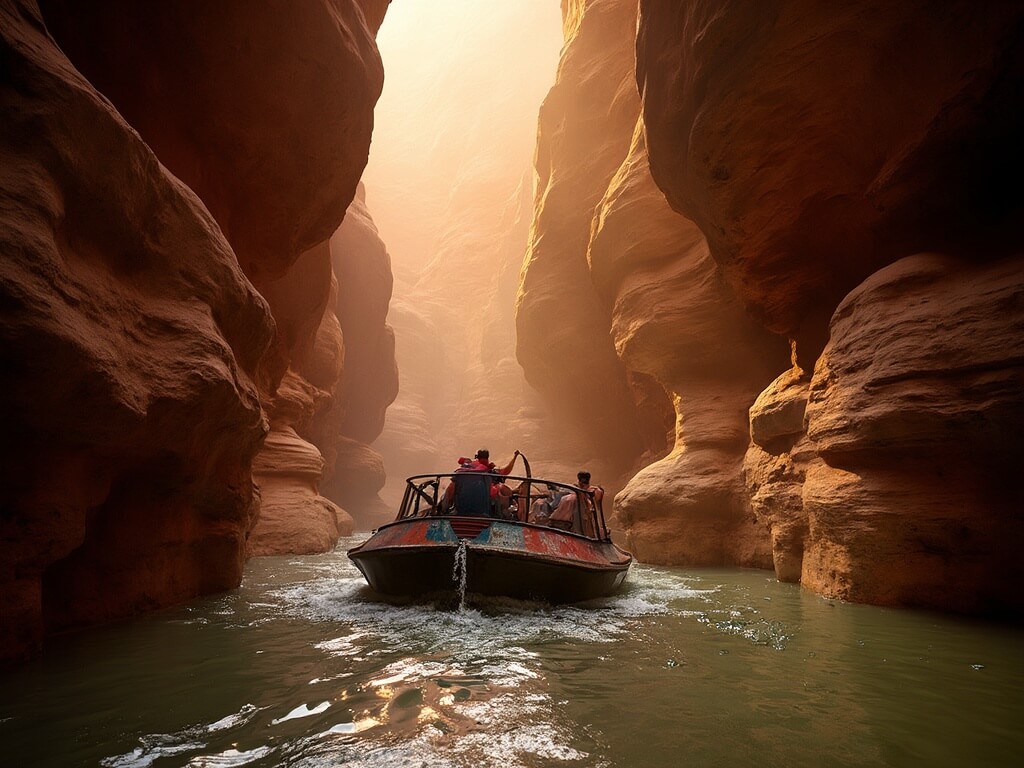 DUKW vehicle navigating Red Bird Gorge, with passengers touching ancient towering sandstone walls under filtered sunlight, as guide explains glacial history