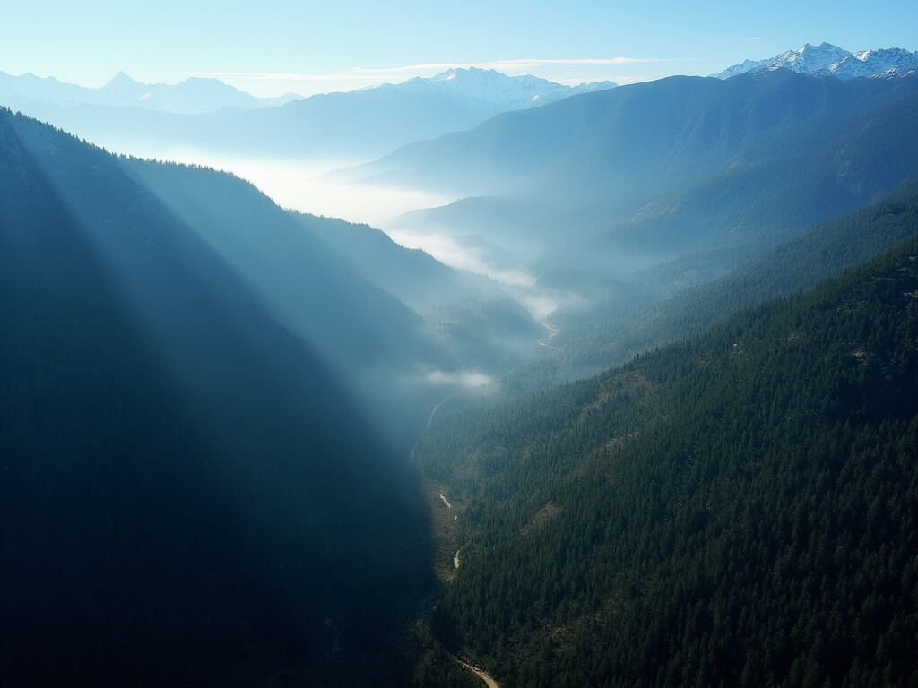 Aerial view of Redwood Canyon, world's largest sequoia grove, with morning mist among tree crowns, a single hiking trail, and Sierra Nevada mountains under clear blue skies