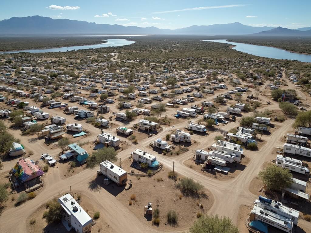 Aerial view of Rio Grande Village Campground with campsites, RVs, tents, shower facilities and toilet buildings near Rio Grande river and Mexican mountains in the distance