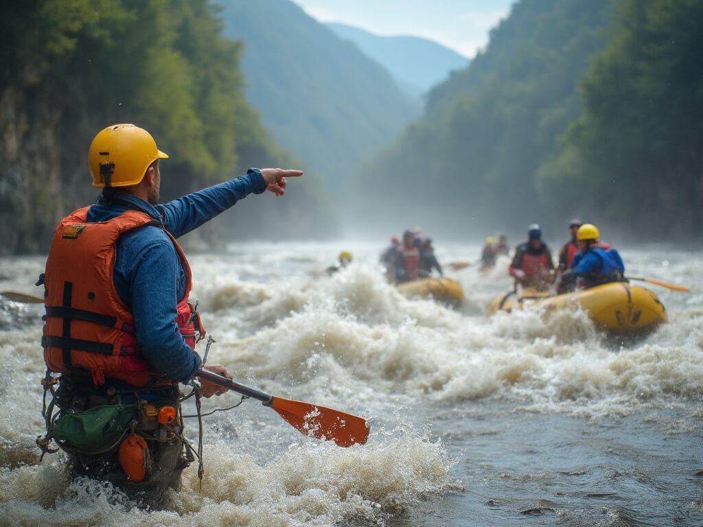 River guide in yellow helmet and orange life jacket demonstrating paddle technique to first-time rafters in blue life jackets, pointing downstream toward Class III rapids in the New River Gorge with safety equipment attached to his waist.
