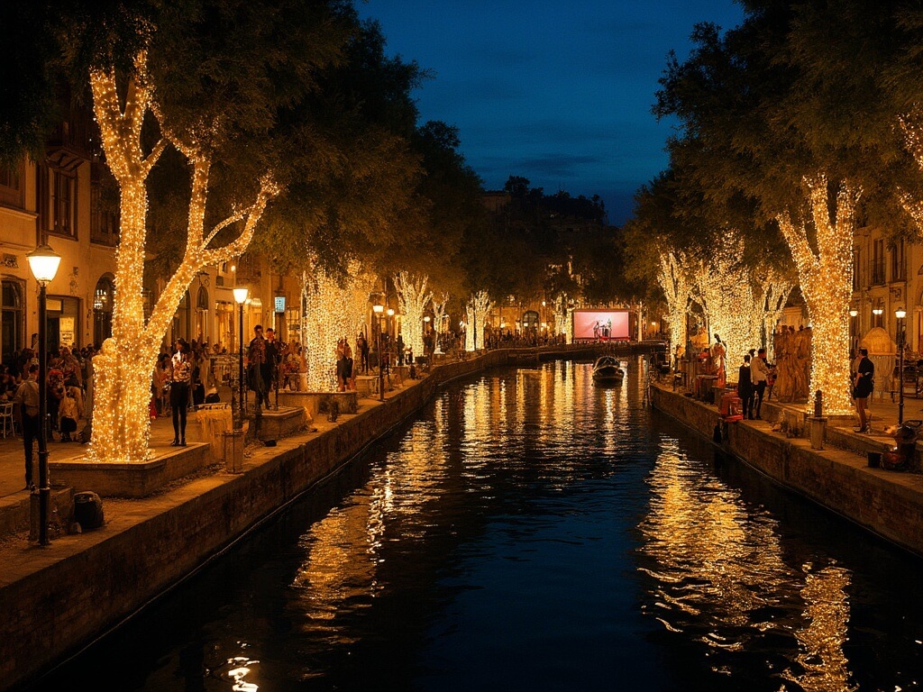 Dramatic nighttime view of the lit-up River Walk with cypress trees wrapped in twinkling lights, couples sauntering along lit pathways, live jazz musicians performing riverside, and architectural lighting on historic buildings.