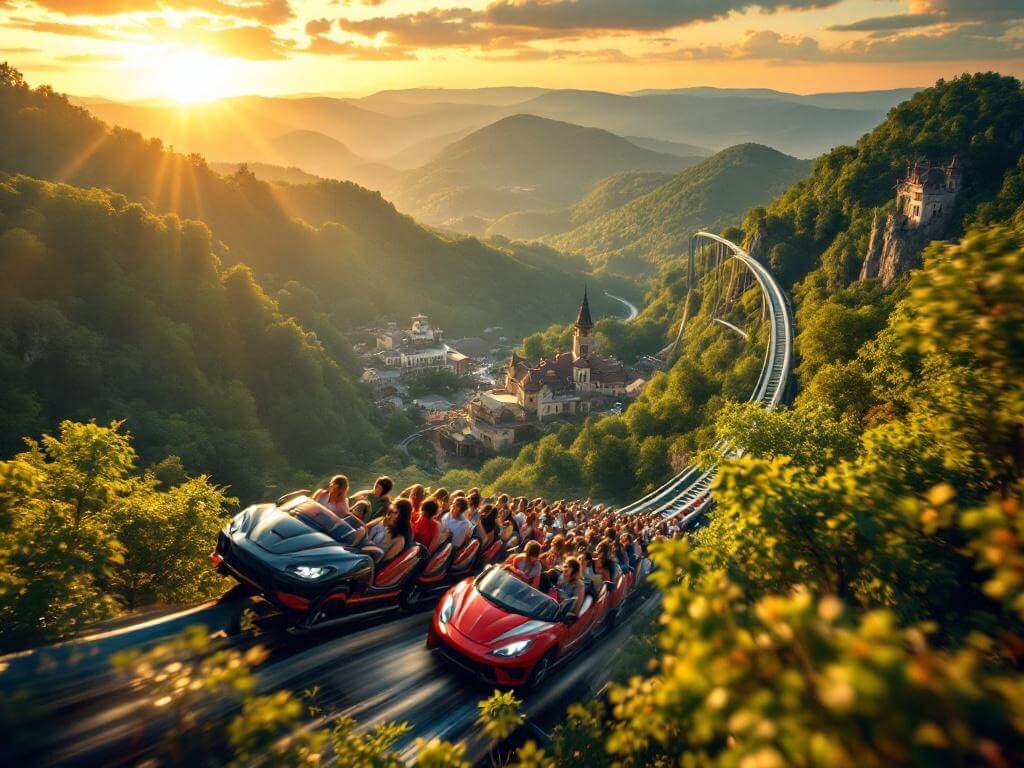 "Passengers rollercoasting on a steep drop against a backdrop of Ozark Mountain and 1880s-themed park buildings, with motion blur effect on the spinning car showing speed and movement."