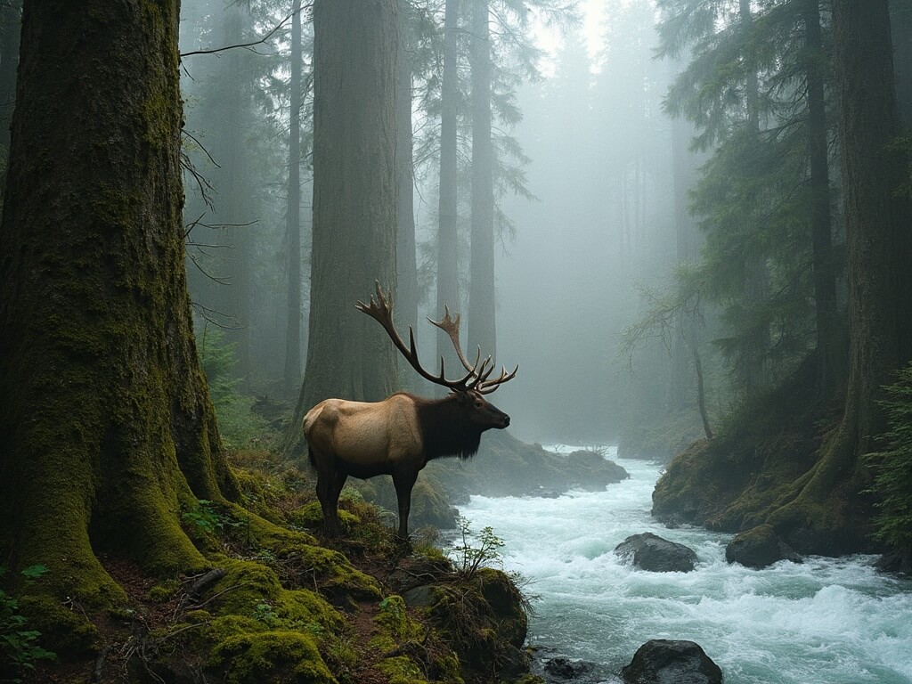 Roosevelt elk standing alert on the Spruce Nature Trail by the Hoh River, surrounded by towering moss-covered Sitka spruce trees, with morning fog and river in the background