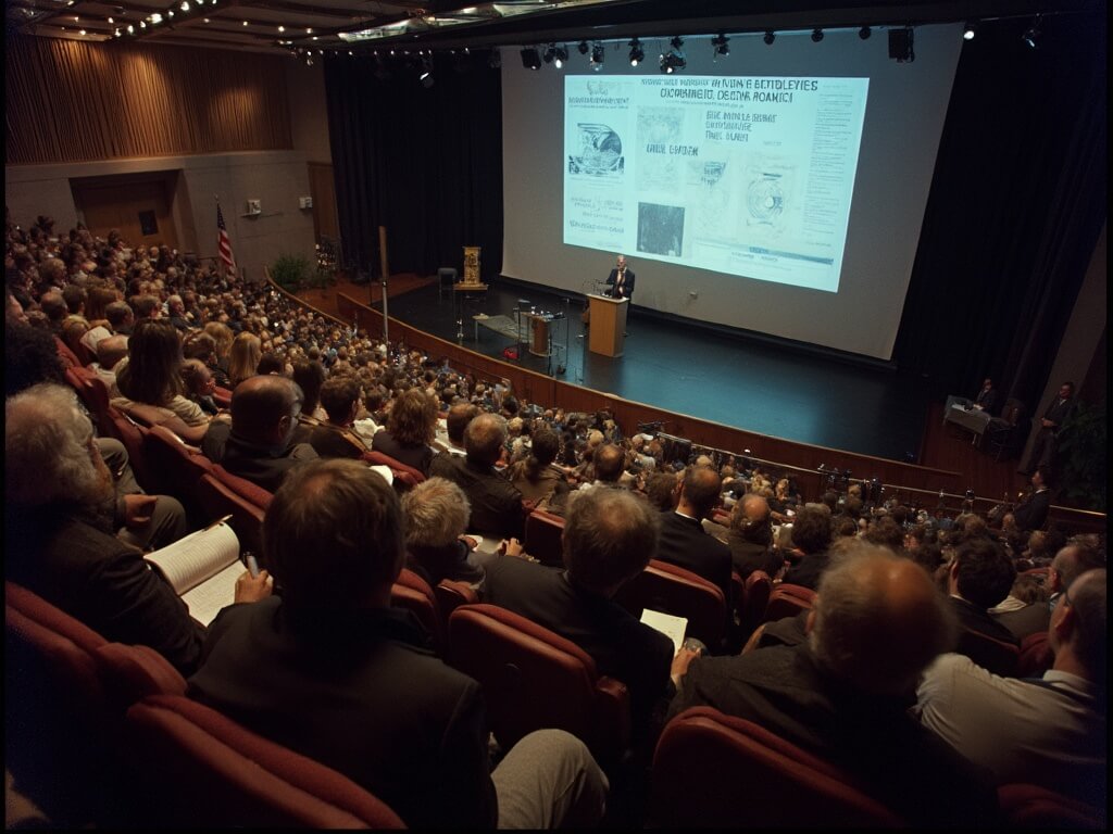 Former military pilot or astrophysicist presenting declassified documents or scientific data at the annual Roswell UFO Festival, under professional conference lighting with a diverse audience of professionals, in a packed auditorium.