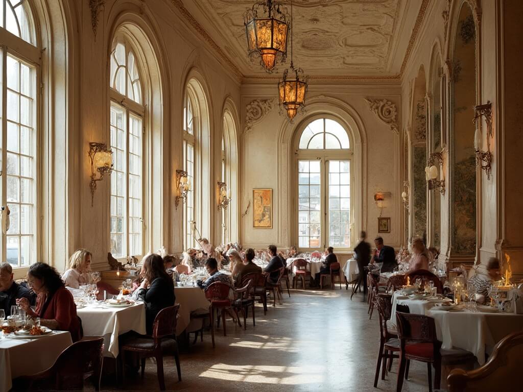 Diners at Rozzelle Court Restaurant in Nelson-Atkins Museum enjoying their meal amidst architectural grandeur, natural light, and surrounding artworks, encapsulating a fusion of culinary and visual arts.