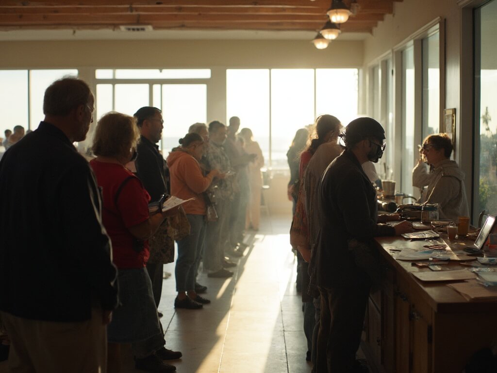 Eager beachgoers lining up at the permit desk inside the Salt Pond Visitor Center in Eastham, with a park employee processing applications, permit forms, and brochures visible on the counter, under the morning light entering through the windows