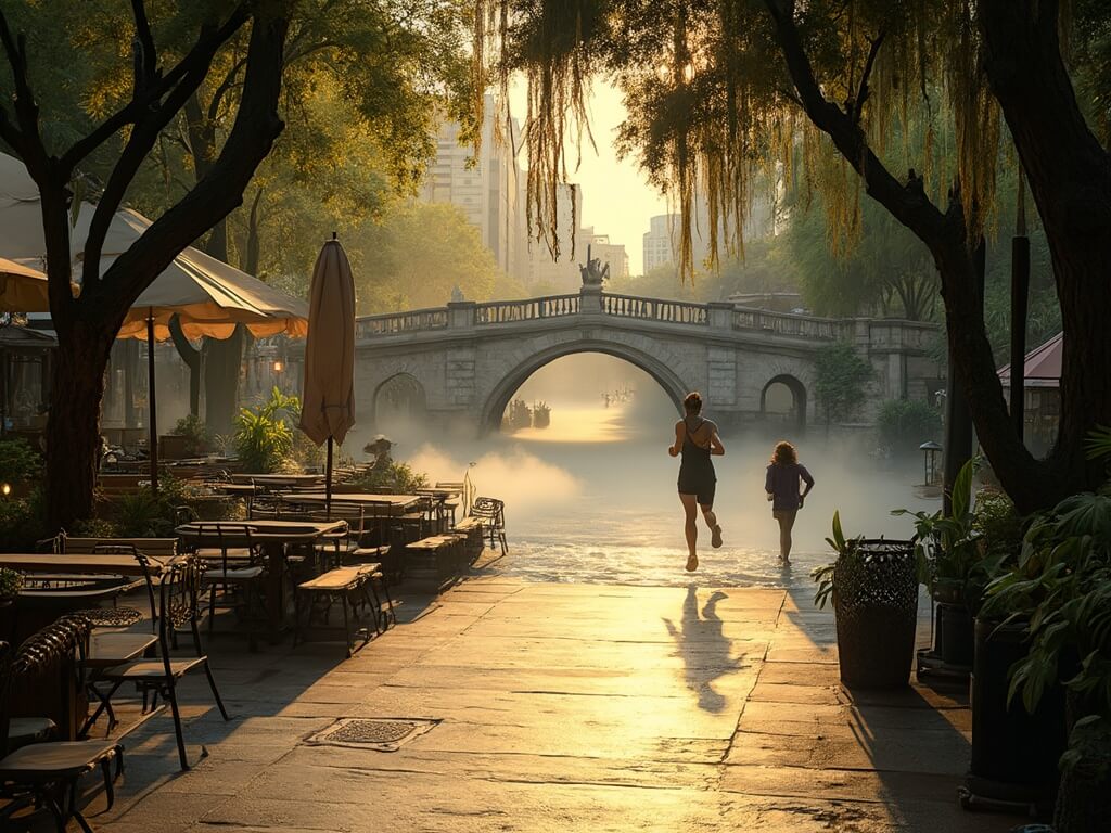Solitary jogger running on San Antonio River Walk at dawn, featuring misty river, stone bridges, empty cafe tables, and downtown buildings in the backdrop.