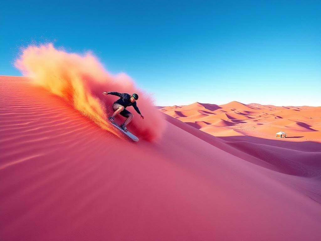 "Person sandboarding down a large coral pink sand dune in Utah's Coral Pink Sand Dunes State Park during golden hour, with sand particles flying and distant dunes visible"