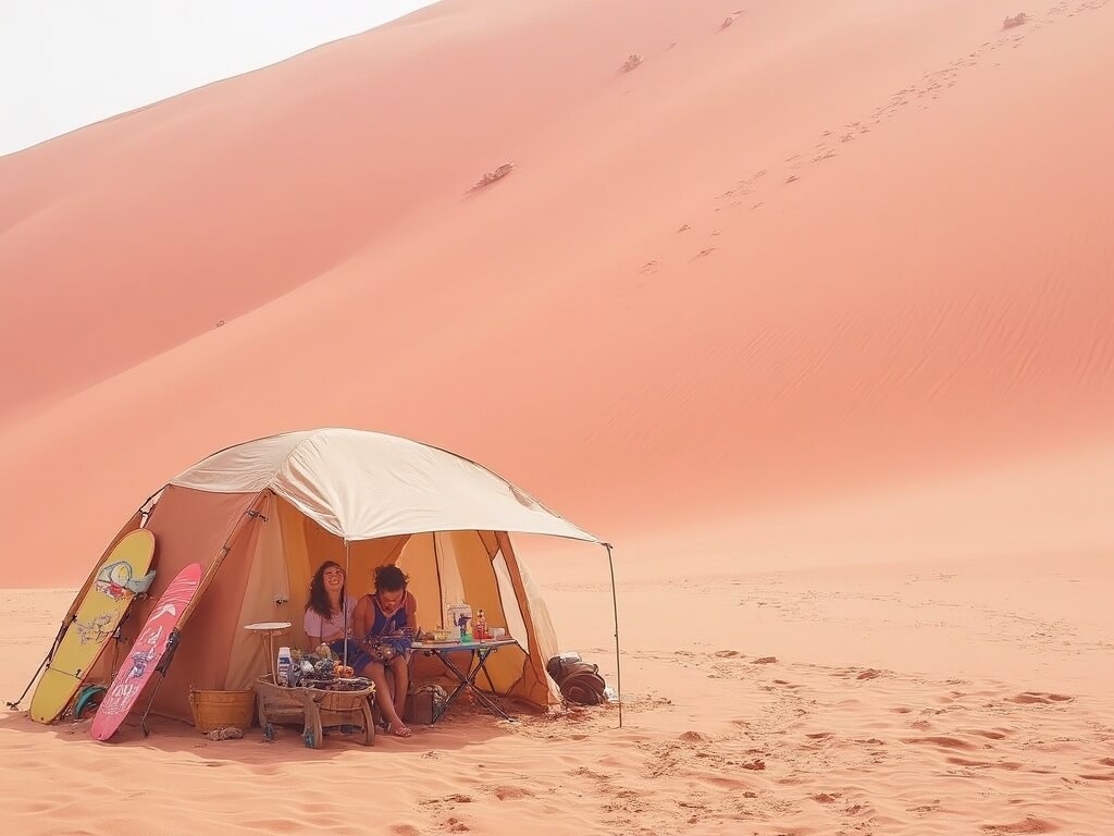 Family's sandboarding equipment at the base of a large pink sand dune with a pop-up shade canopy, sandboards, sleds, and a supplies table, a wagon filled with gear, and footprints leading up the dune in harsh midday sunlight