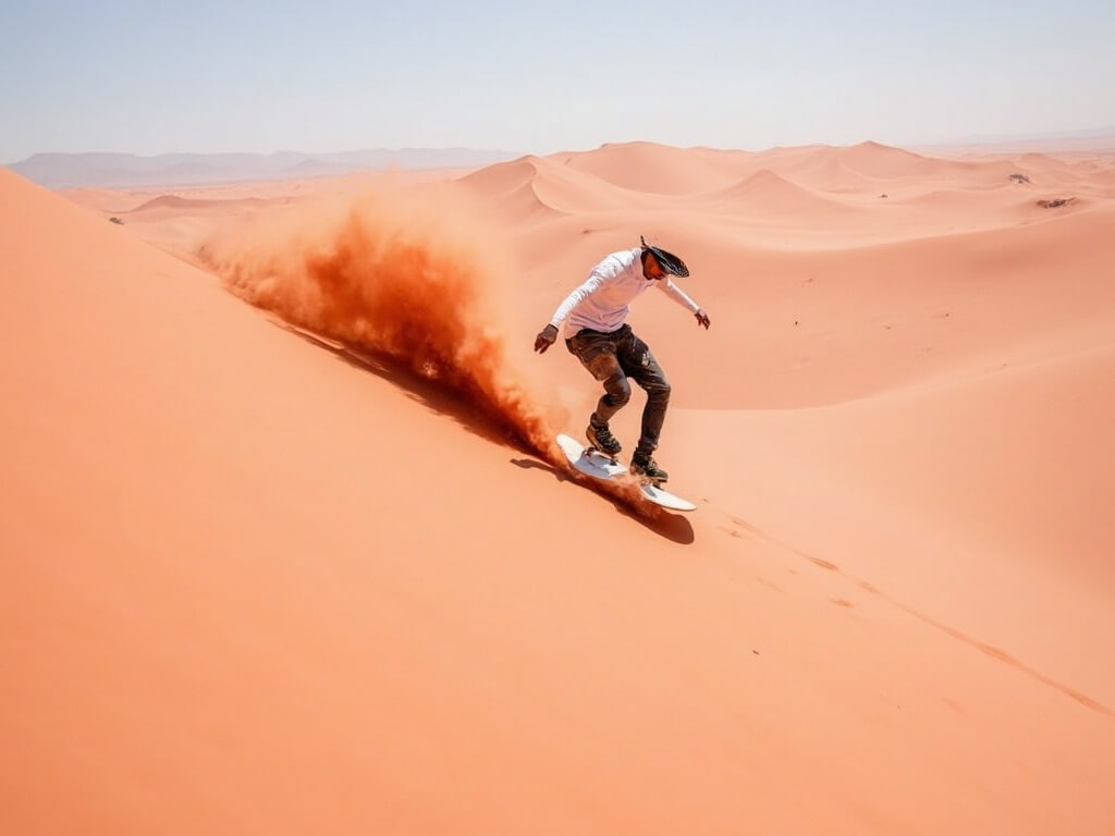 Person sandboarding down a steep pink sand dune, sand spraying behind them, wearing sun protection gear in bright desert sunlight, with multiple dune ridges in the background.