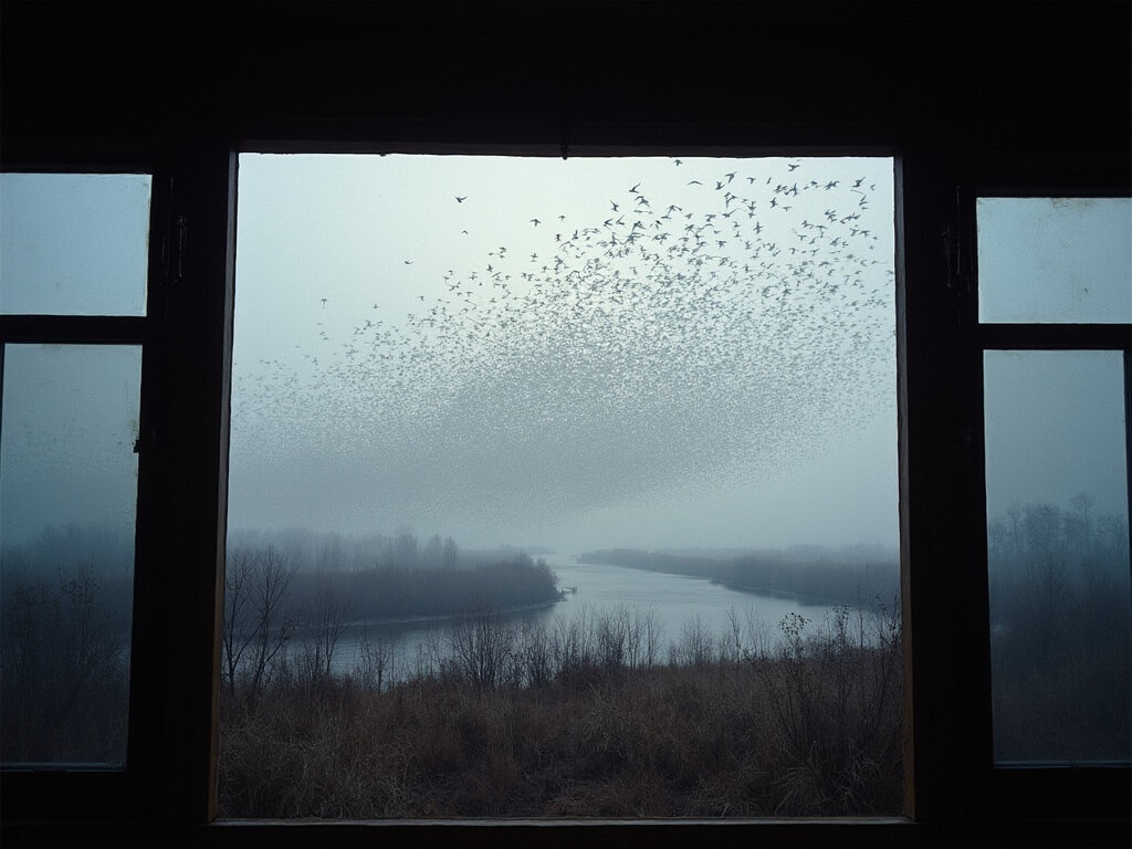 Long exposure shot of 50,000 sandhill cranes lifting off from the Platte River at dawn from Rowe Sanctuary observation blind, creating a tornado-like formation