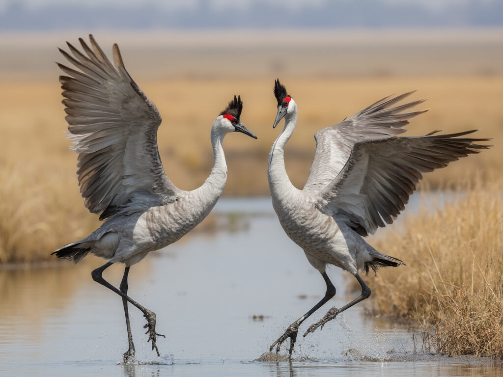 Sandhill cranes performing courtship dance with extended wings and long necks, in a wet meadow by the Platte River, highlighting their gray feather patterns and red crown markings
