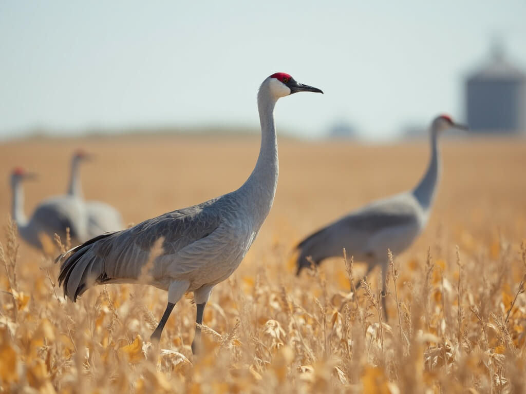 Sandhill cranes foraging in Nebraska cornfields during midday with distant grain silos in view
