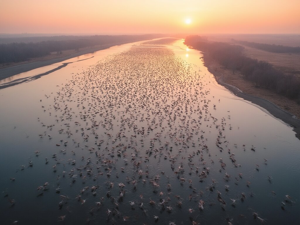 Aerial view of thousands of Sandhill cranes taking flight from the Platte River sandbars at dawn, their silhouettes contrasted against the orange-pink sky with river channels reflecting morning light.