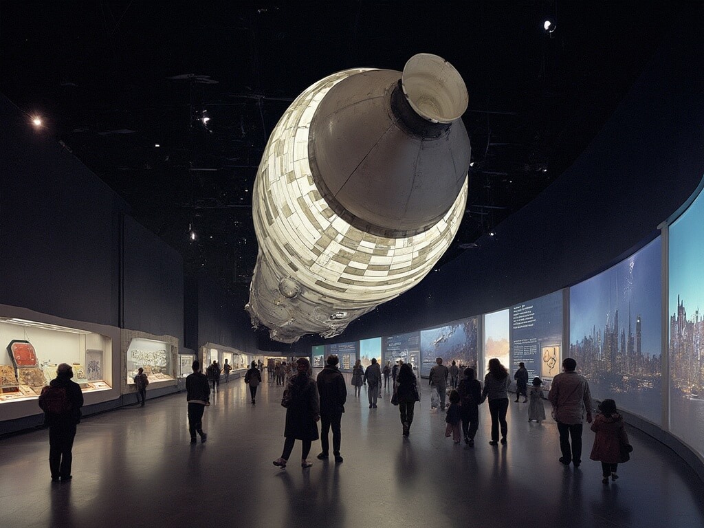 Visitors at Kennedy Space Center's Saturn V Center looking at the colossal 363-foot Saturn V rocket, spacesuits, and Apollo mission artifacts.